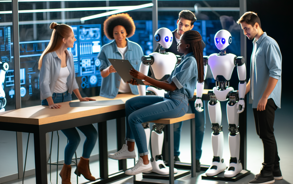 **alt_text:** A diverse team collaborates with humanoid robots in a high-tech workspace, embodying AI automation.