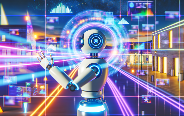 alt_text: A futuristic AI agent amidst a neon cityscape, surrounded by data streams and holographic displays.