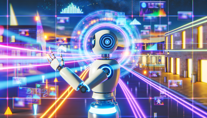 alt_text: A futuristic AI agent amidst a neon cityscape, surrounded by data streams and holographic displays.