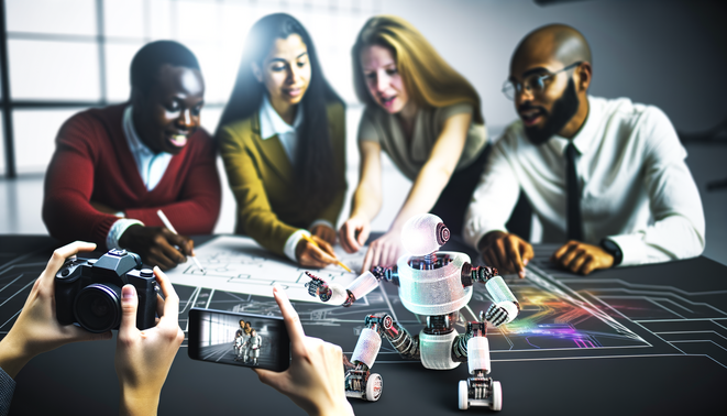 alt_text: Diverse individuals collaborating with technology, symbolizing empowerment and innovation in the future.