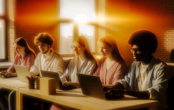 alt_text: Diverse young coders in a cozy workspace embodying creativity and tech under a sunset glow.