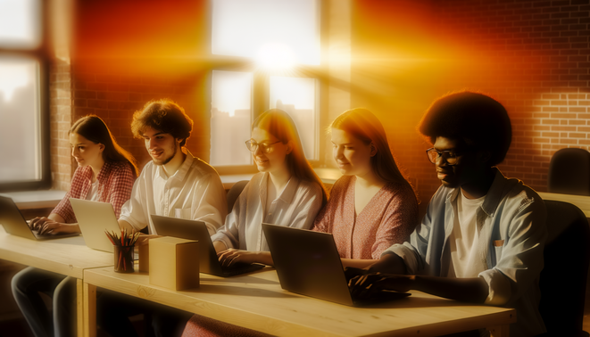 alt_text: Diverse young coders in a cozy workspace embodying creativity and tech under a sunset glow.