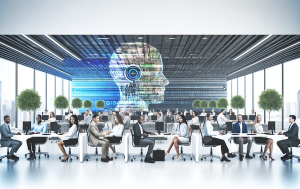 alt_text: A futuristic workspace with diverse professionals, AI tech, and greenery, highlighting seamless collaboration.