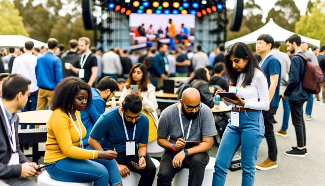 alt_text: "Vibrant tech conference scene with diverse attendees, futuristic gadgets, and a large outdoor stage."