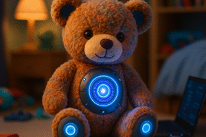 A whimsical digital illustration of a colorful, AI-powered teddy bear sitting in a child's bedroom among high-tech gadgets—blending technology and childhood in a playful, curious scene.
