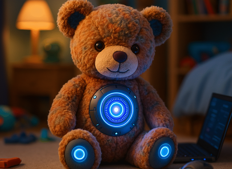 A whimsical digital illustration of a colorful, AI-powered teddy bear sitting in a child's bedroom among high-tech gadgets—blending technology and childhood in a playful, curious scene.
