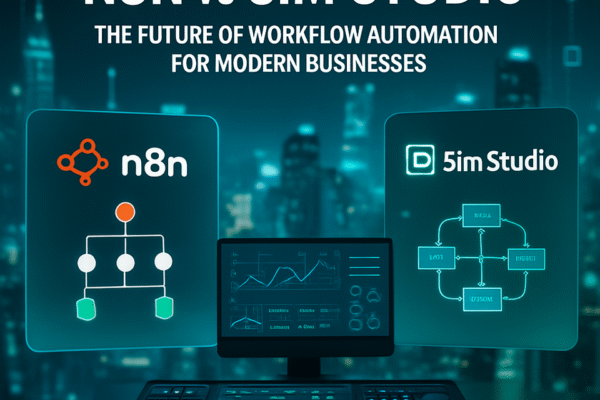 Futuristic digital illustration of n8n and Sim Studio interfaces as workflow automation platforms, symbolizing innovation and technology.