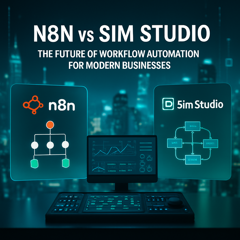 Futuristic digital illustration of n8n and Sim Studio interfaces as workflow automation platforms, symbolizing innovation and technology.