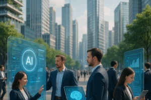 Futuristic business district transformed by advanced AI, with people interacting with holographic technology and modern skyscrapers.