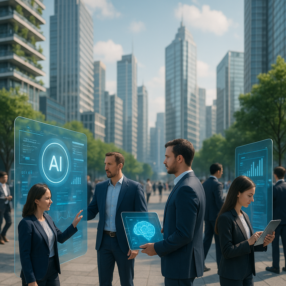 Futuristic business district transformed by advanced AI, with people interacting with holographic technology and modern skyscrapers.
