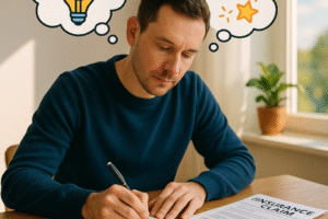 Person writing smart prompts for insurance claims at a desk, surrounded by documents and creative thought bubbles, in a bright and fun setting.