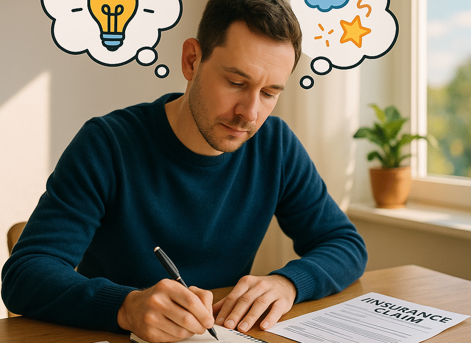Person writing smart prompts for insurance claims at a desk, surrounded by documents and creative thought bubbles, in a bright and fun setting.