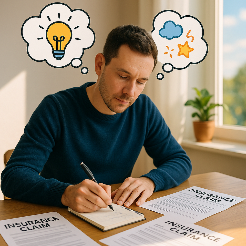 Person writing smart prompts for insurance claims at a desk, surrounded by documents and creative thought bubbles, in a bright and fun setting.