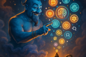 A creative digital illustration of a whimsical genie emerging from a glowing lamp with symbols of AI and creativity, representing prompt optimization.