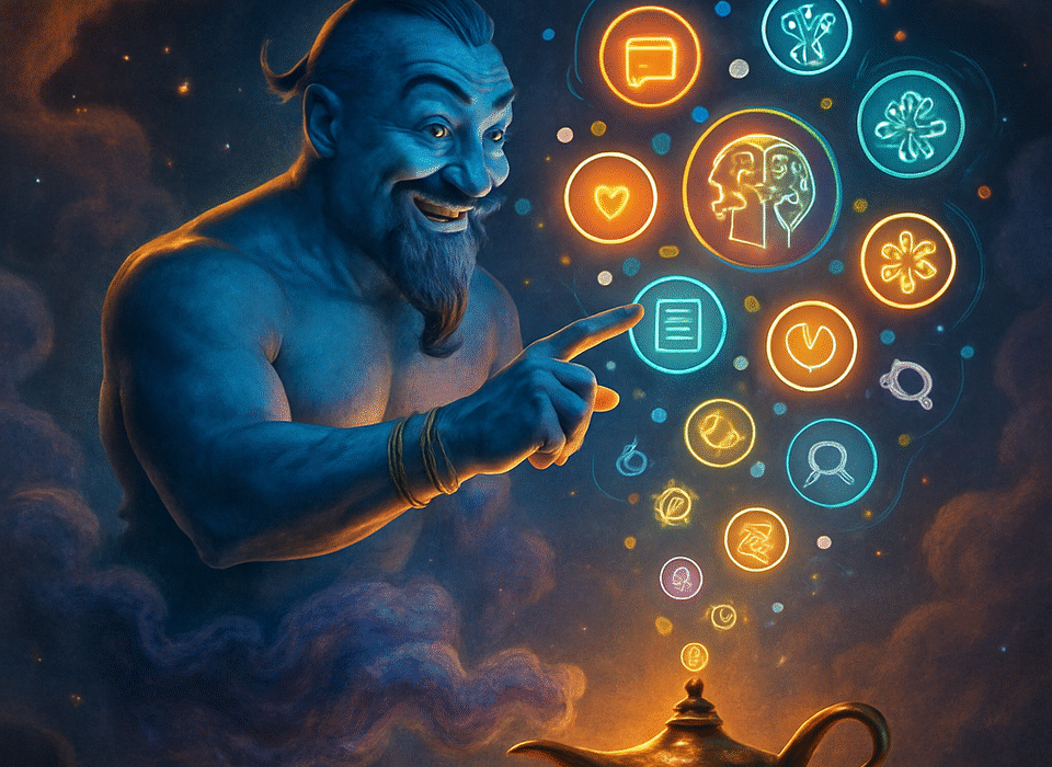 A creative digital illustration of a whimsical genie emerging from a glowing lamp with symbols of AI and creativity, representing prompt optimization.