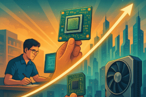 A digital illustration showing Nvidia’s growth from a research lab to a global tech leader—depicting founders, GPUs, semiconductor innovation, and the AI revolution.