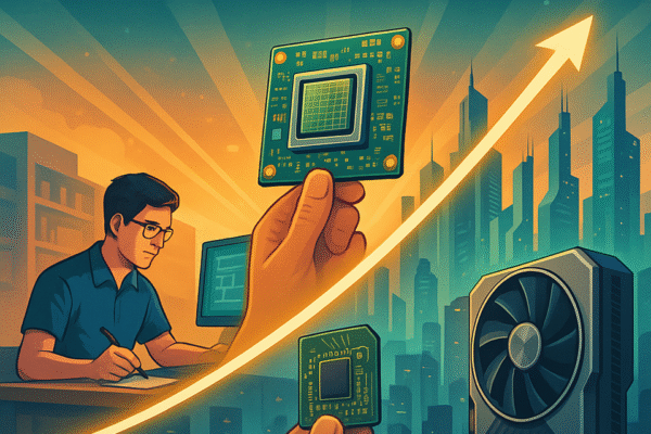 A digital illustration showing Nvidia’s growth from a research lab to a global tech leader—depicting founders, GPUs, semiconductor innovation, and the AI revolution.