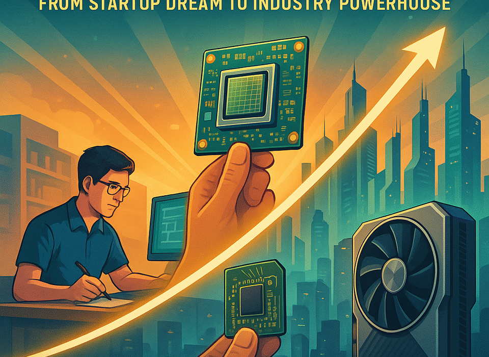 A digital illustration showing Nvidia’s growth from a research lab to a global tech leader—depicting founders, GPUs, semiconductor innovation, and the AI revolution.